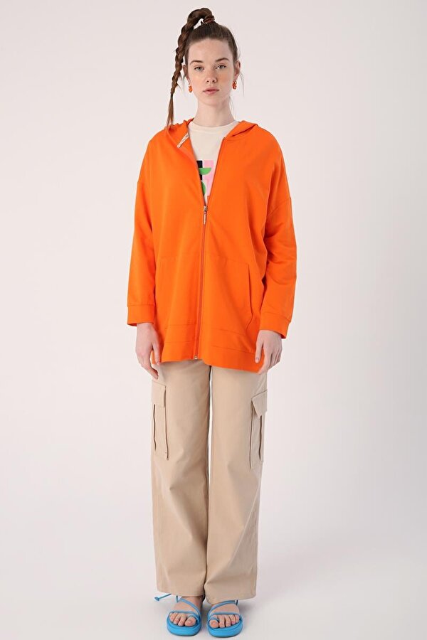 Turuncu-Fermuarlı Sweat Hırka