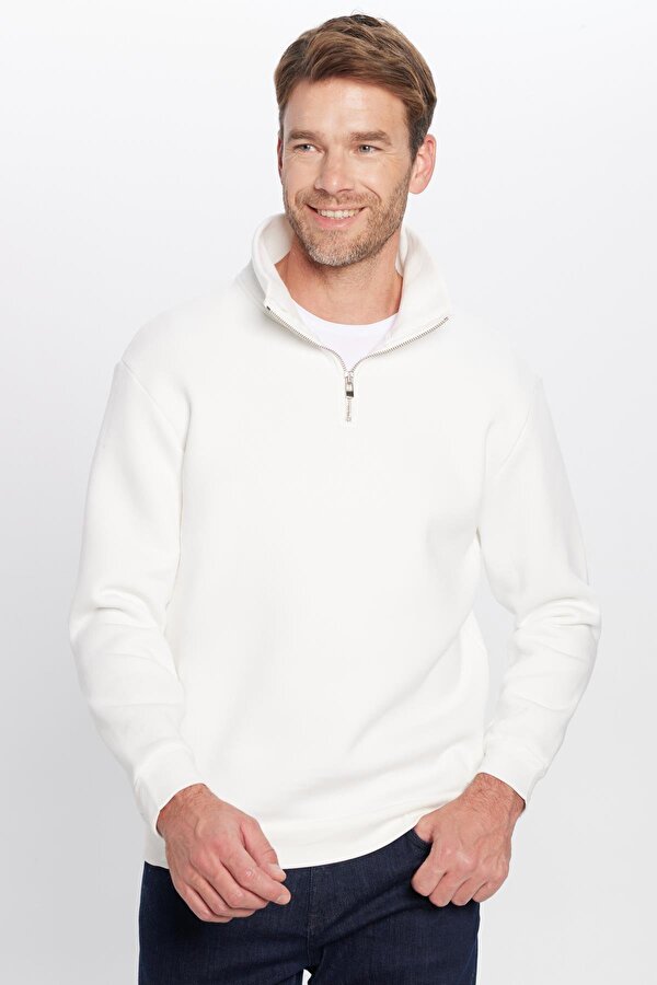 Unisex Relax Fit Rahat Kesim Pamuklu İçi Polarlı Yarım Fermuarlı Beyaz Dik Yaka Sweatshirt