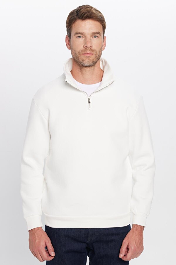 Unisex Relax Fit Rahat Kesim Pamuklu İçi Polarlı Yarım Fermuarlı Beyaz Dik Yaka Sweatshirt