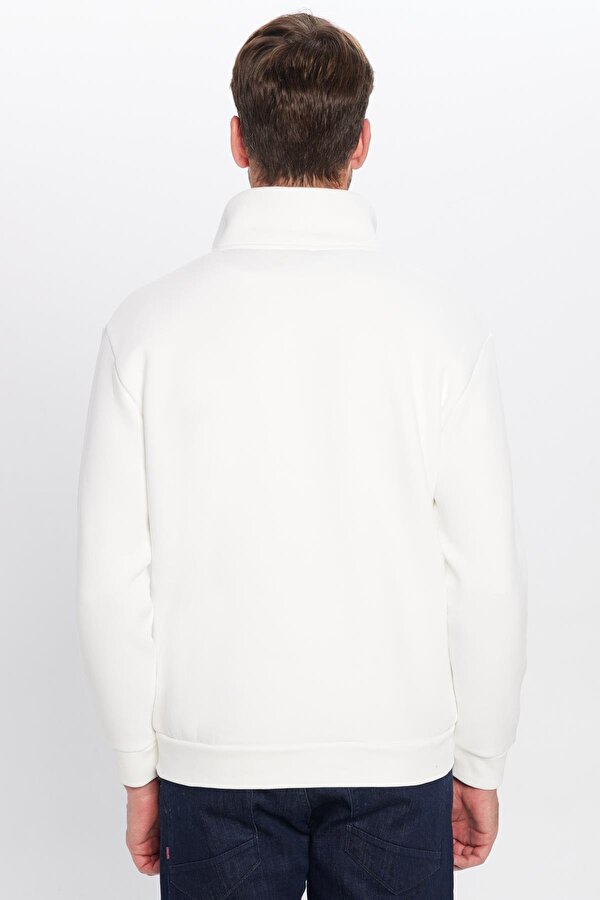 Unisex Relax Fit Rahat Kesim Pamuklu İçi Polarlı Yarım Fermuarlı Beyaz Dik Yaka Sweatshirt