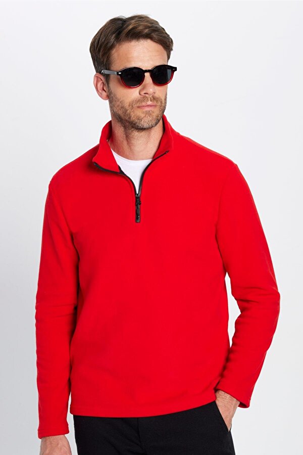 Unisex Standart Fit Anti-pilling Tüylenme Yapmayan Soğuk Geçirmez Kırmızı Dik Bato Yaka Polar Sweatshirt