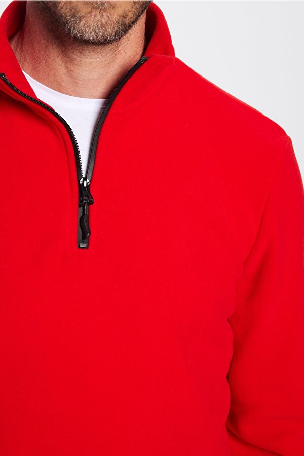 Unisex Standart Fit Anti-pilling Tüylenme Yapmayan Soğuk Geçirmez Kırmızı Dik Bato Yaka Polar Sweatshirt