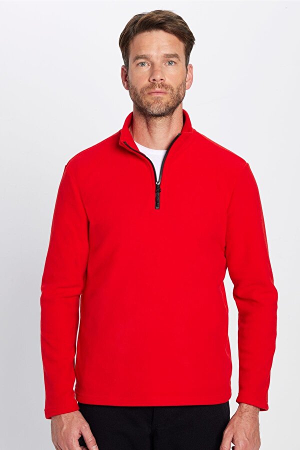 Unisex Standart Fit Anti-pilling Tüylenme Yapmayan Soğuk Geçirmez Kırmızı Dik Bato Yaka Polar Sweatshirt