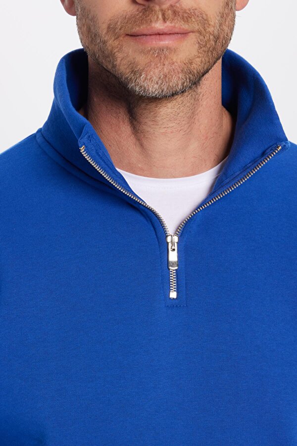 Unisex Relax Fit Rahat Kesim Pamuklu İçi Polarlı Yarım Fermuarlı Sax Mavi Dik Yaka Sweatshirt