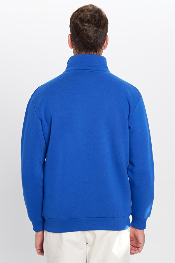 Unisex Relax Fit Rahat Kesim Pamuklu İçi Polarlı Yarım Fermuarlı Sax Mavi Dik Yaka Sweatshirt