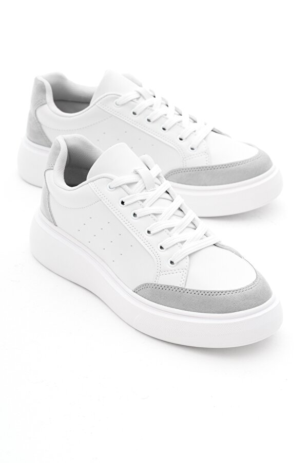 Kadın Beyaz Gri Rahat Kalıp Yüksek Poli Taban Bağcıklı Spor Ayakkabı