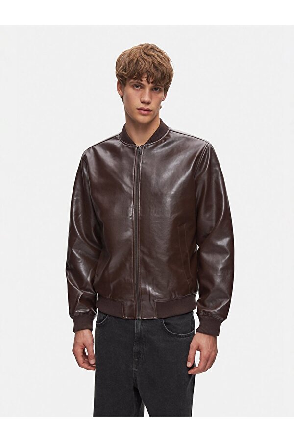 Triko Yaka Düz Kahve Rengi Ceket