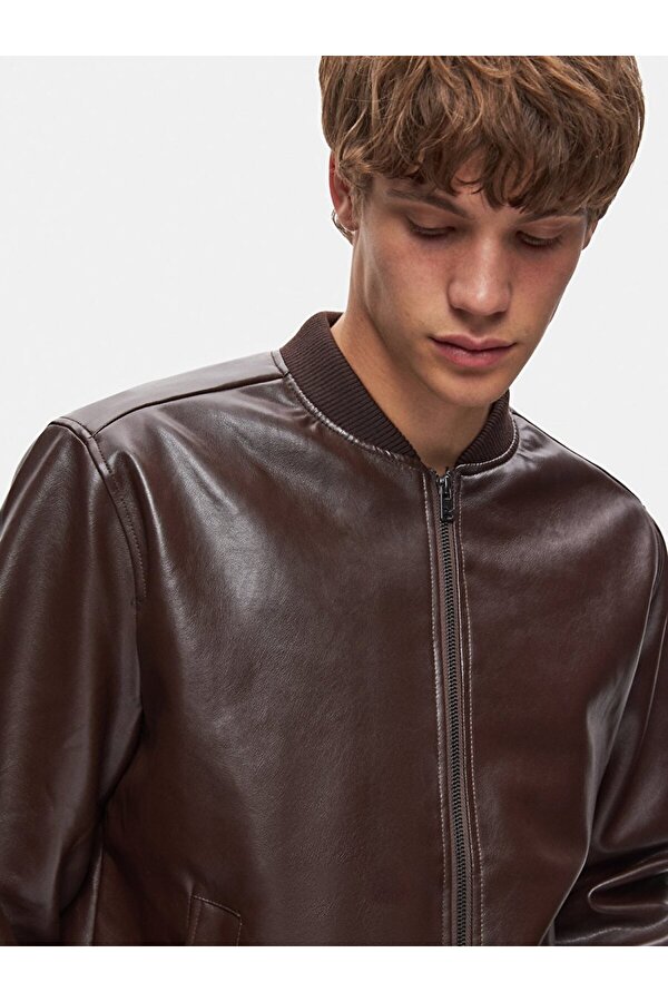 Triko Yaka Düz Kahve Rengi Ceket