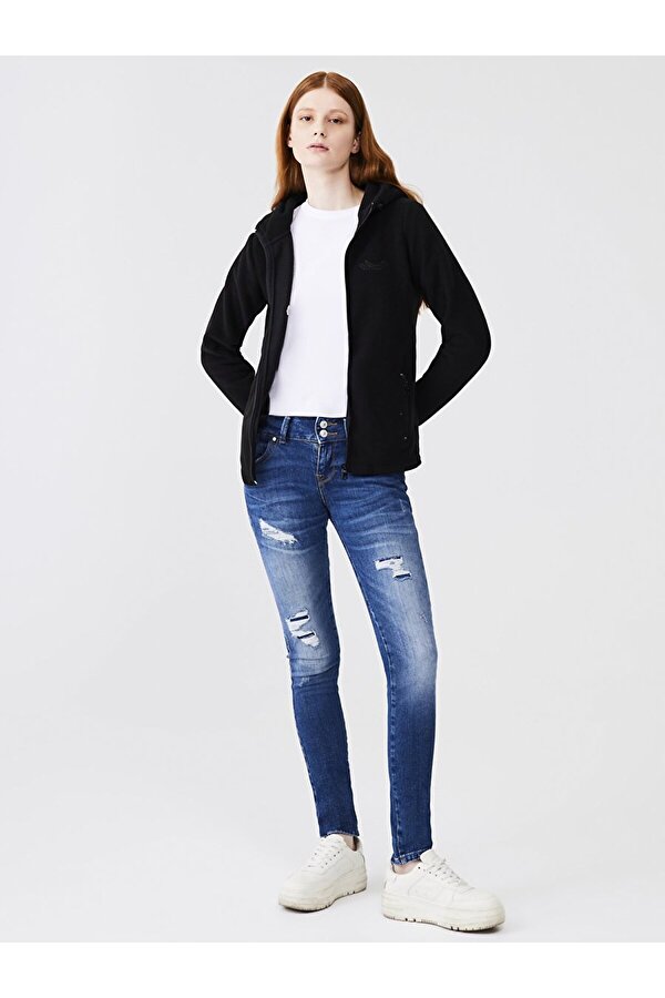 Düz Kapüşonlu Polar Fermuarlı Regular Fit Siyah Sweatshırt
