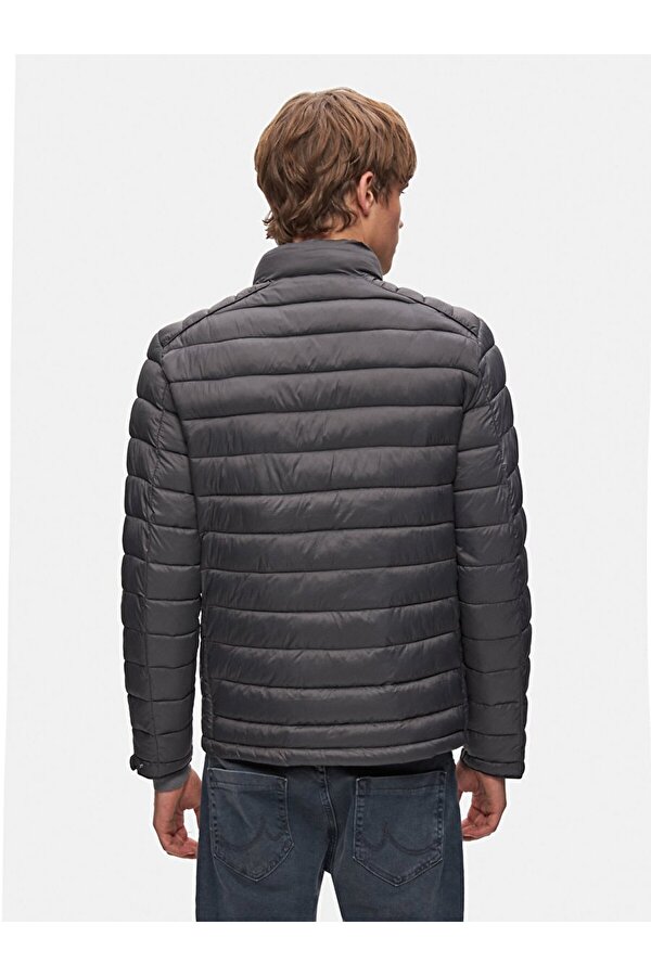 Düz Dik Yaka Koyu Grı Mont