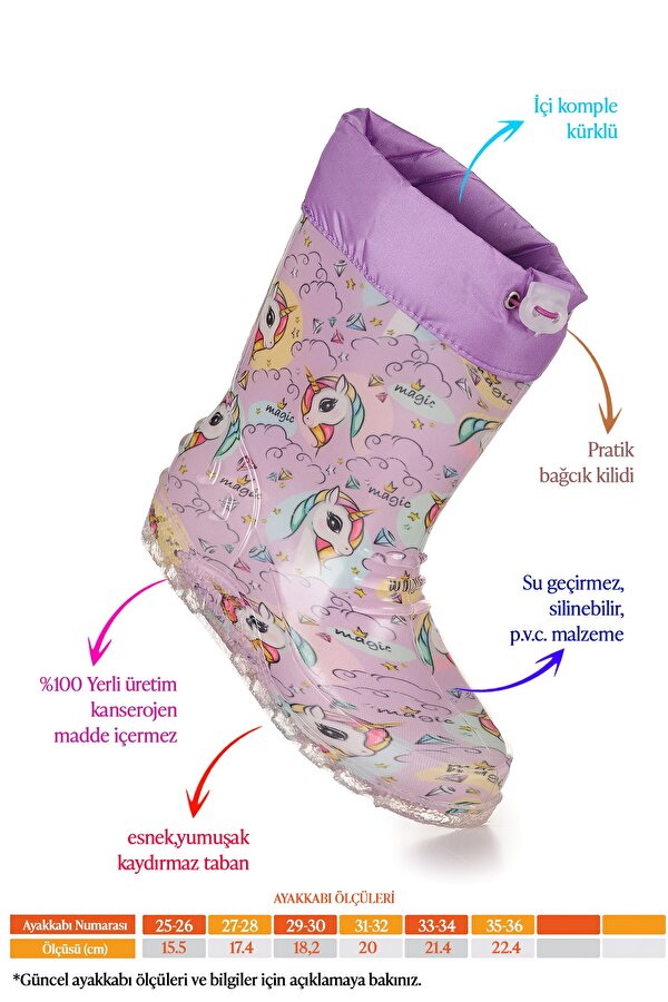 Unicorn Su Geçirmez Kız Çocuk Yağmur Çizmesi Lila - Turkuaz