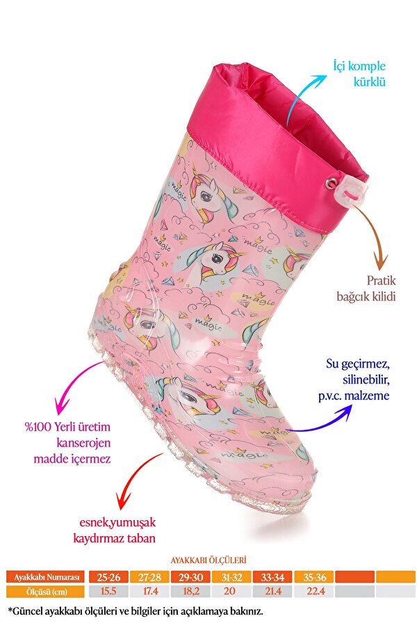 Unicorn Su Geçirmez Kız Çocuk Yağmur Çizmesi Pembe - Turkuaz