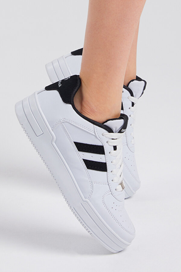 Unisex Beyaz Siyah Yanı Çizgili Bağcıklı Rahat Kalıp Sneaker