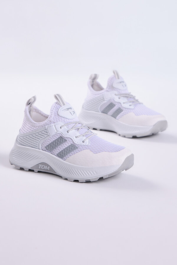 Çocuk Unisex Beyaz Gümüş Rahat Kalıp Nefes Alabilen Kumaş Bağcıklı Sneaker