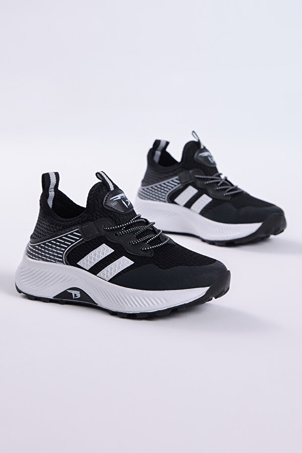 Çocuk Unisex Siyah Beyaz Rahat Kalıp Nefes Alabilen Kumaş Bağcıklı Sneaker