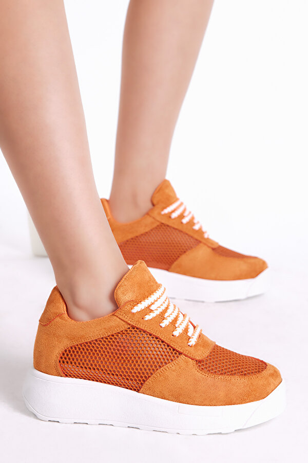 Kadın Turuncu Rahat Kalıp Yüksek Taban Nefes Alabilen Kumaş Bağcıklı Sneaker