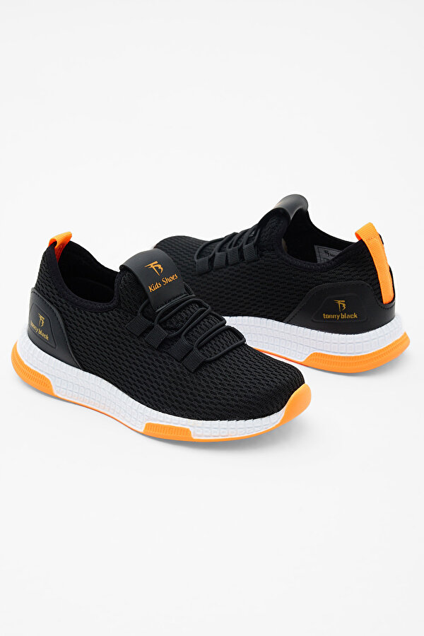 Çocuk Unisex Siyah Turuncu Rahat Kalıp Lastik Bağcıklı Spor Ayakkabı