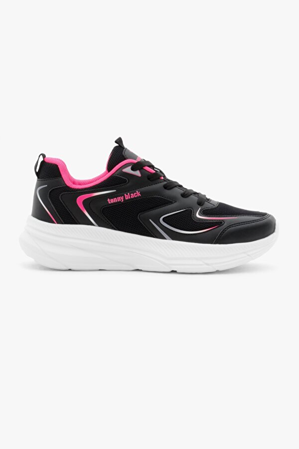 Unisex Siyah Fuşya Nefes Alabilen Kumaş Faylon Taban Bağcıklı Spor Ayakkabı