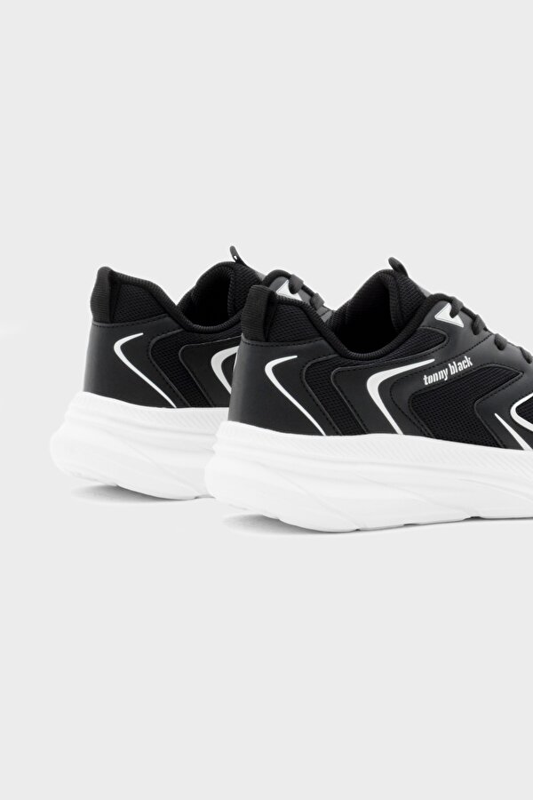 Unisex Siyah Beyaz Nefes Alabilen Kumaş Faylon Taban Bağcıklı Spor Ayakkabı