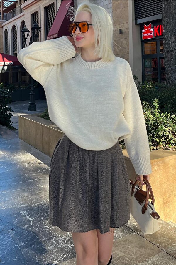 Ekru Bisiklet Yaka Oversize Triko Kazak MG1972