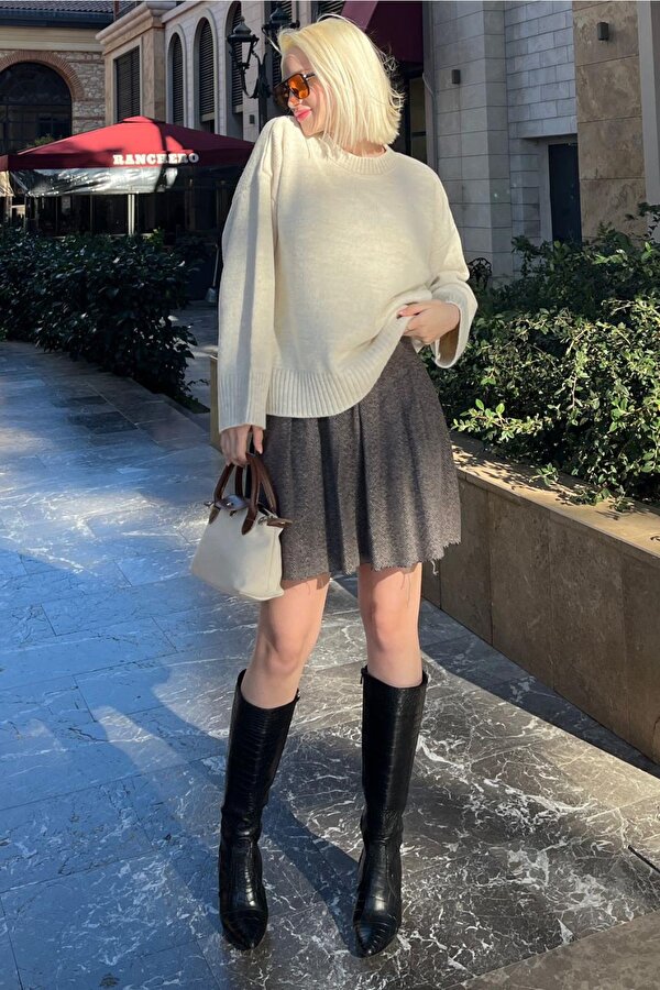 Ekru Bisiklet Yaka Oversize Triko Kazak MG1972