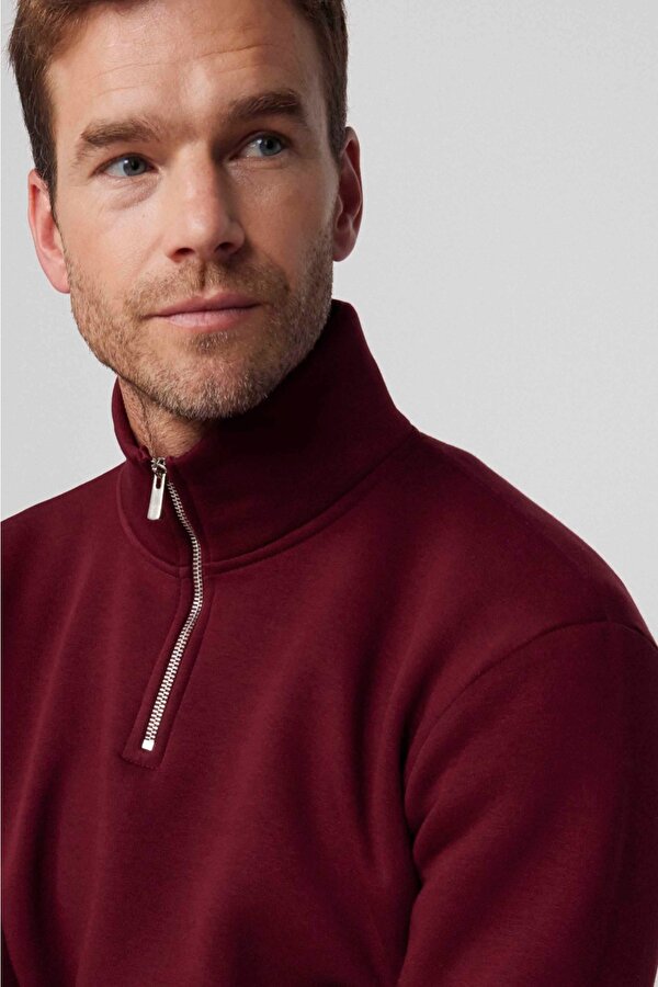 Unisex Relax Fit Rahat Kesim Pamuklu İçi Polarlı Yarım Fermuarlı Bordo Dik Yaka Sweatshirt