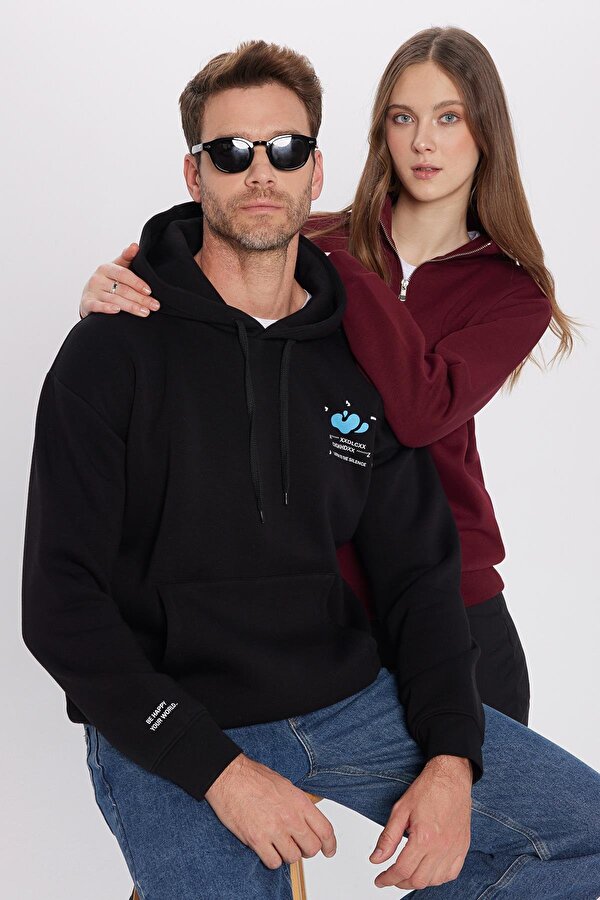 Unisex Relax Fit Rahat Kesim Pamuklu İçi Polarlı Yarım Fermuarlı Bordo Dik Yaka Sweatshirt