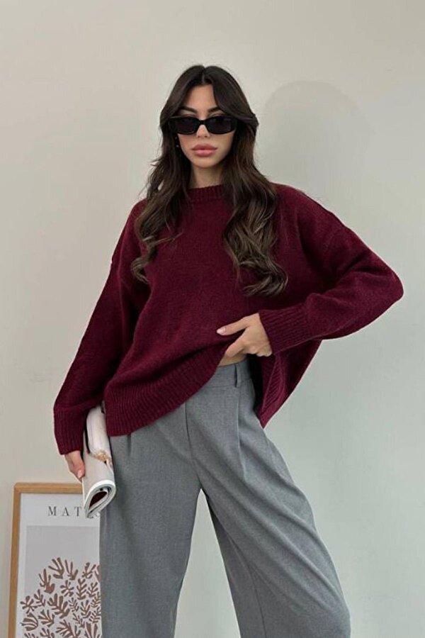 Bordo Bisiklet Yaka Oversize Triko Kazak MG1972