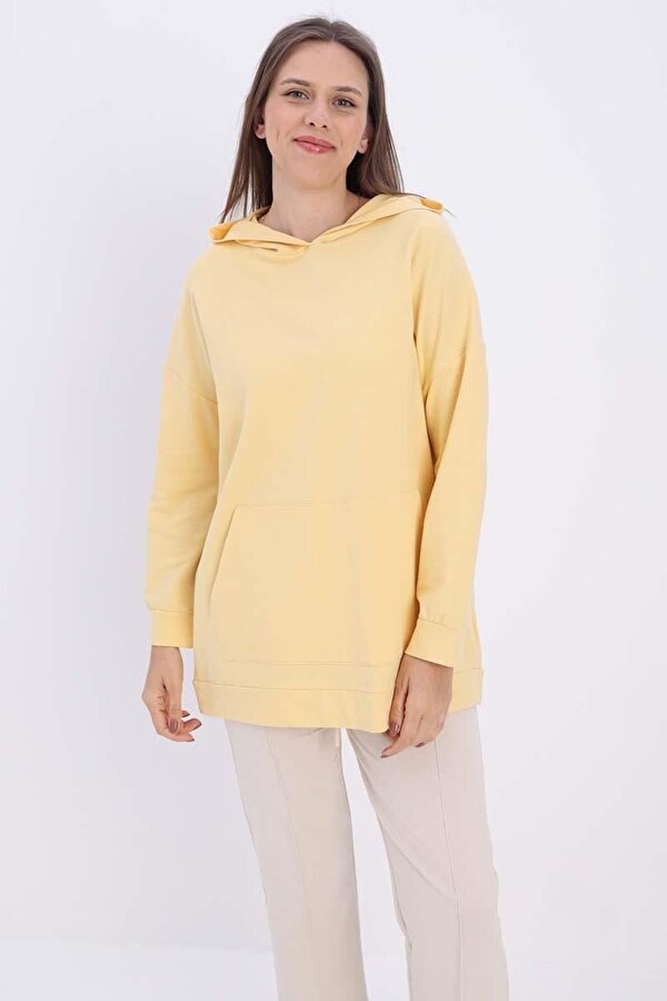 Açık Sarı Kanguru Cepli Kapüşonlu Sweat Tunik