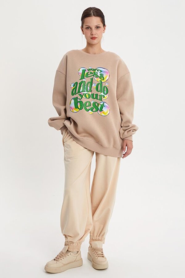 Bej01-Baloncuk Baskılı Oversize Sweatshirt