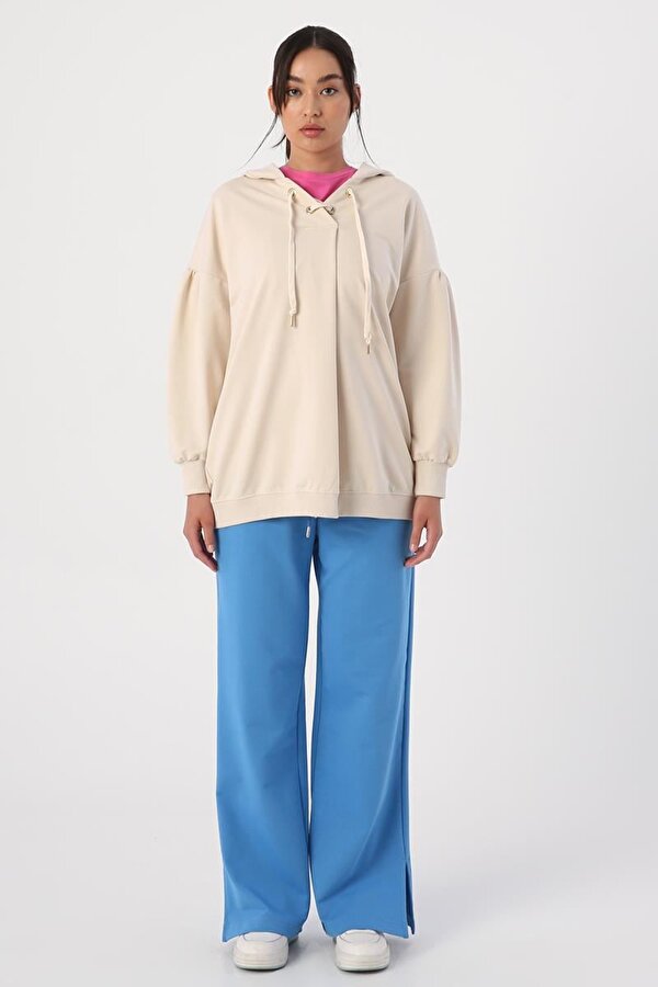 Açık Bej-Oversize Kapüşonlu Yaka Detaylı Sweatshirt
