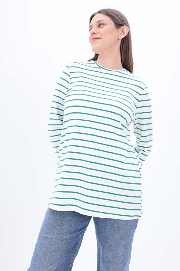 Ekru-Yeşil-Pamuklu Çizgili Tshirt Tunik