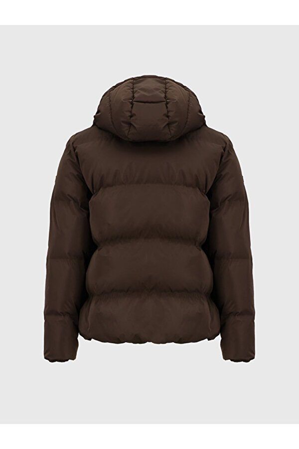 Kapüşonlu Fermuarlı Şişme Kahve Rengi Mont