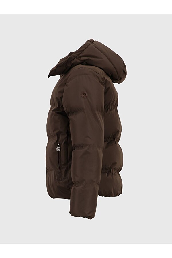 Kapüşonlu Fermuarlı Şişme Kahve Rengi Mont
