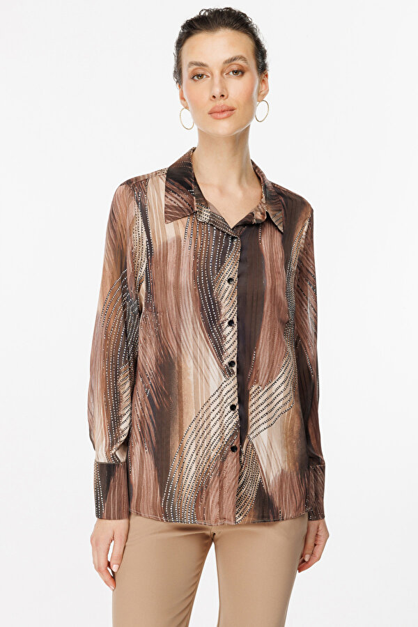 Kadın Leopar Desenli Şifon Bluz 2103 Camel