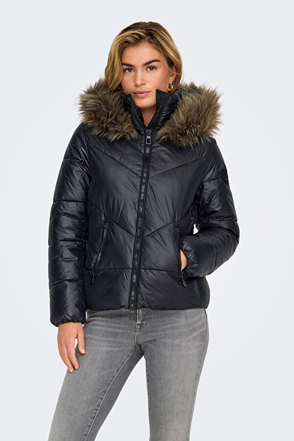 Kadın Onlfever Kapüşonu Kürklü Puffer Mont 15322003 Siyah