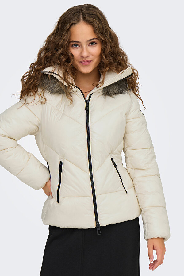 Kadın Onlfever Kapüşonu Kürklü Puffer Mont 15322003 Ekru