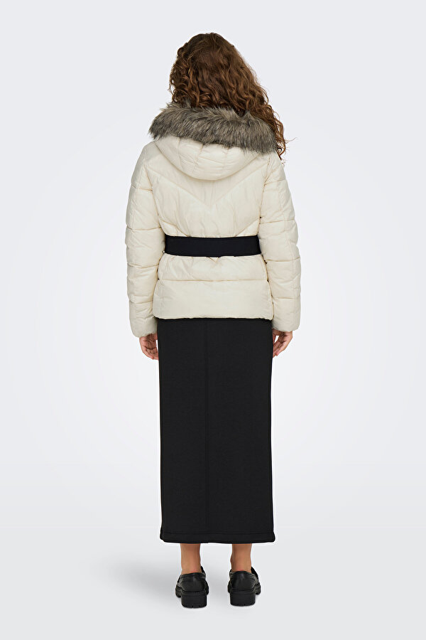 Kadın Onlfever Kapüşonu Kürklü Puffer Mont 15322003 Ekru