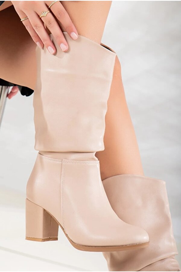 Suni Deri Büzgülü Kadın Çizme