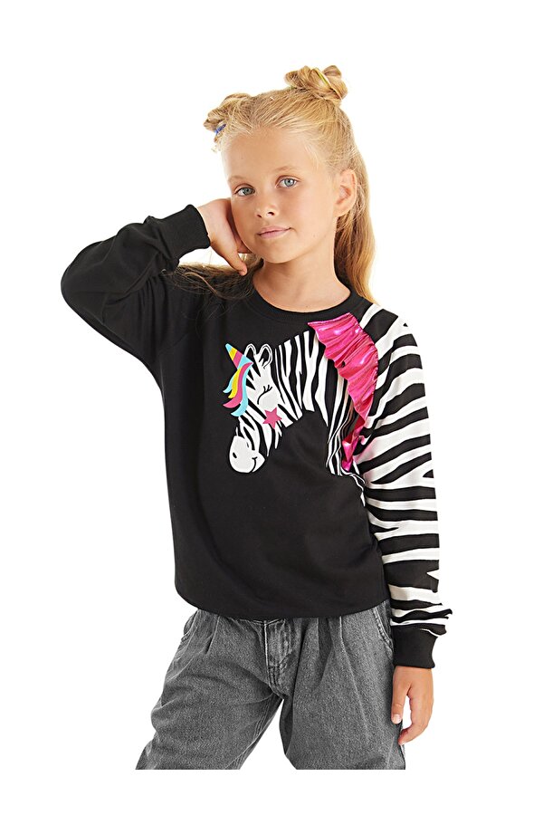 Fırfırlı Zebra Kız Çocuk Siyah Sweatshirt