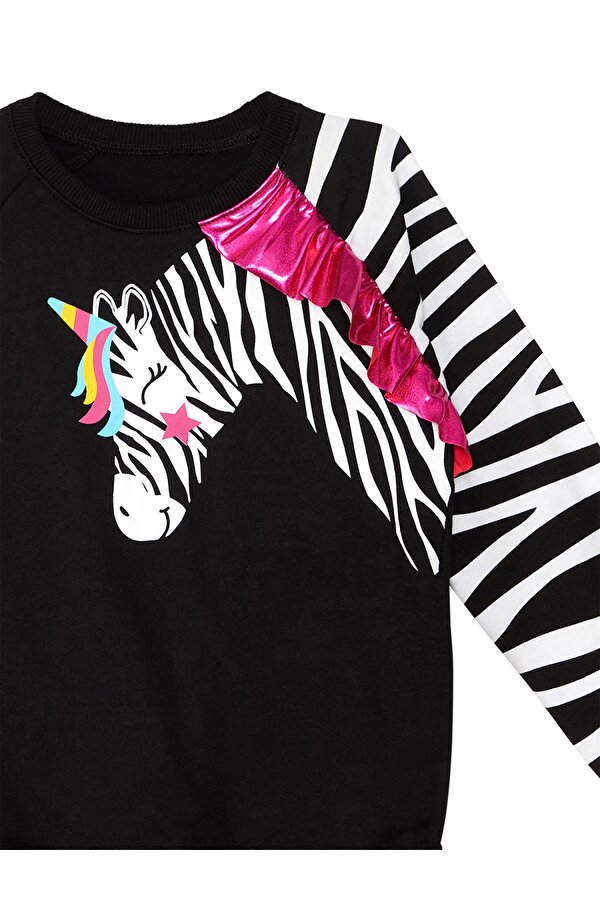 Fırfırlı Zebra Kız Çocuk Siyah Sweatshirt