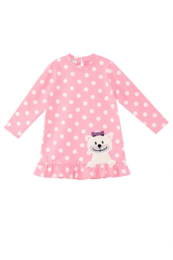 Ayıcık Kız Bebek Puantiyeli Pembe Elbise
