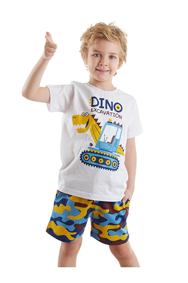 Dino Kazı Erkek Çocuk T-shirt Kamuflaj Şort Takım