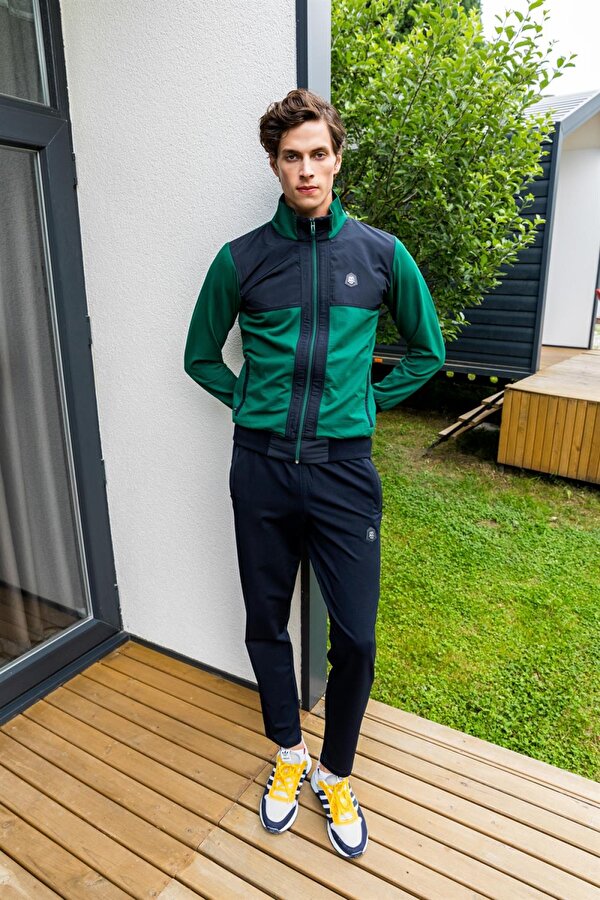 Erkek İki İplik Kumaş Slim Fit Dar Paça Yeşil Fermuarlı Eşofman Takımı - 7664