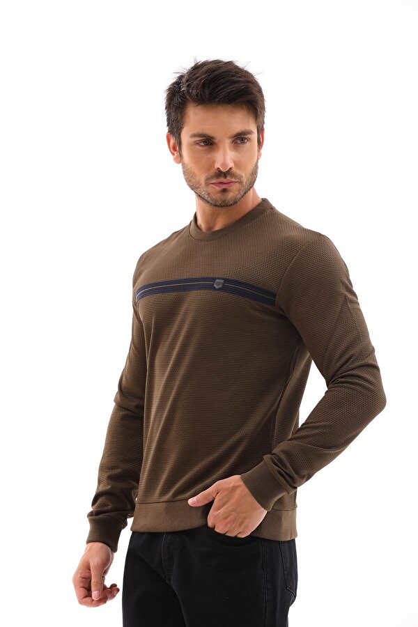 Erkek Haki Renk Mare Jaker Kumaş Bisiklet Yaka Uzun Kol Gögüste Şerit Nakış Sweatshirt - 7657