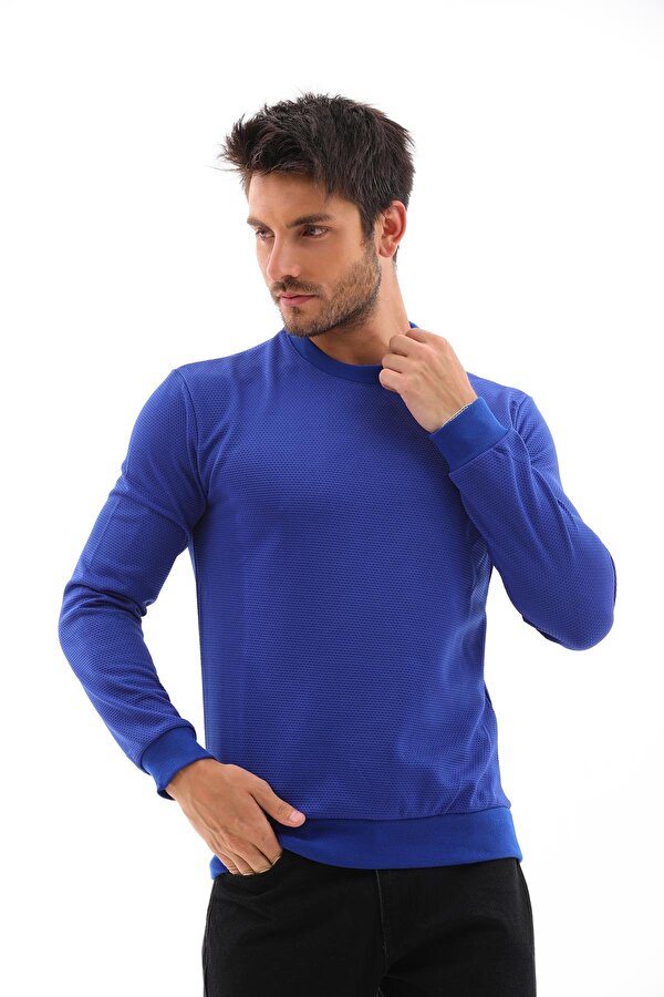 Erkek Saks Renk Mare Jaker Kumaş Bisiklet Yaka Uzun Kollu Sweatshirt - 7656