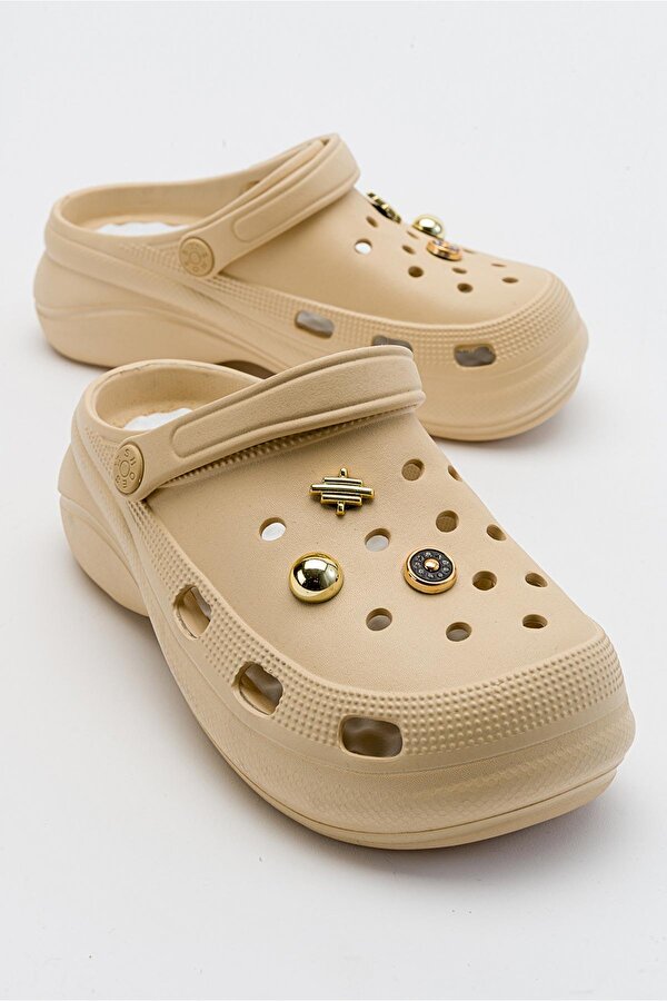 Aksesuarlı Kalın Taban Kadın Sabo Terlik BEJ