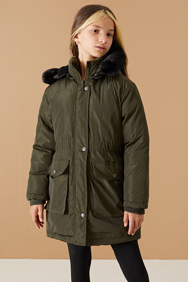 Haki Kapaklı Cepli Kız Çocuk Kapüşonlu Mont 19061