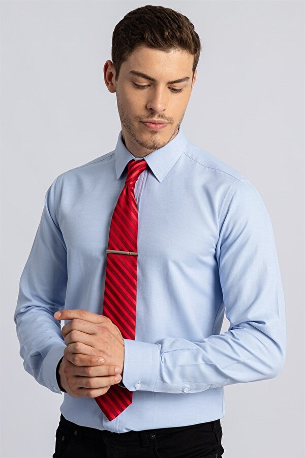 Modern Slim Fit Uzun Kollu Pamuklu Kolay Ütü Armürlü Erkek Mavi Gömlek
