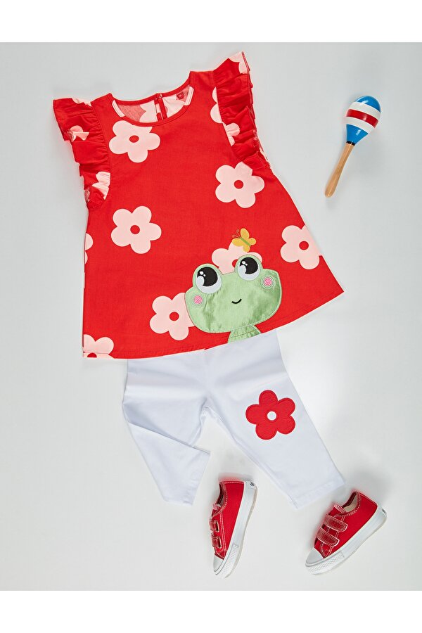 Frog Kırmızı Beyaz Kız Çocuk Tunik Tayt Takım